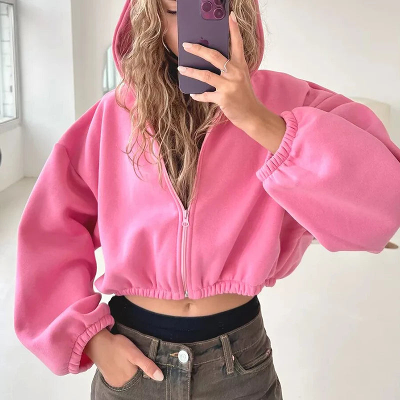 Fall Women's Fashion Zipper Hoodie Cropped Jacket