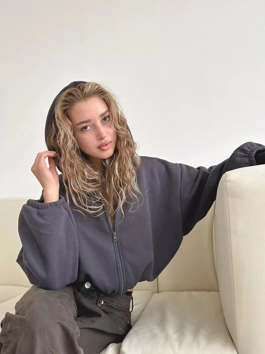 Fall Women's Fashion Zipper Hoodie Cropped Jacket