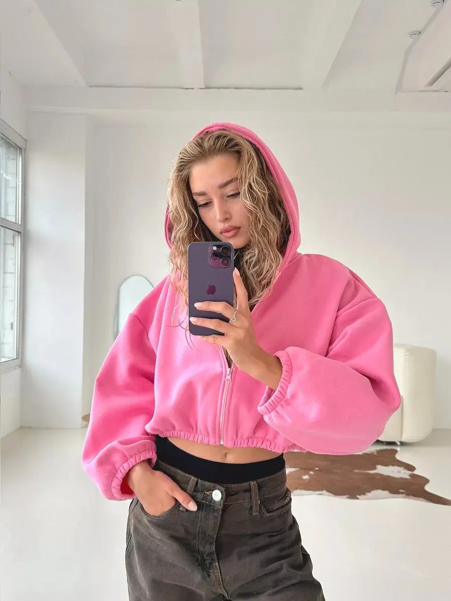 Fall Women's Fashion Zipper Hoodie Cropped Jacket