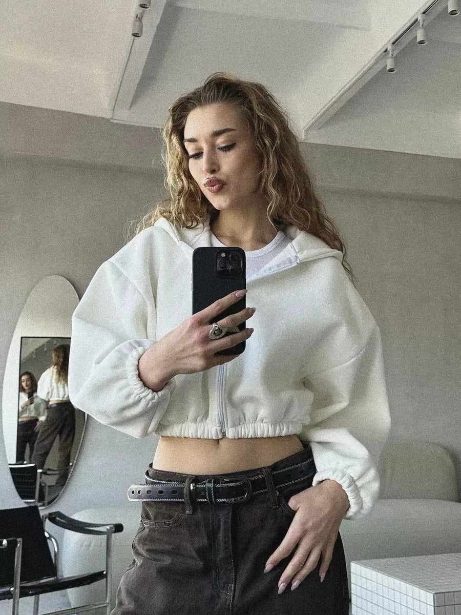 Fall Women's Fashion Zipper Hoodie Cropped Jacket