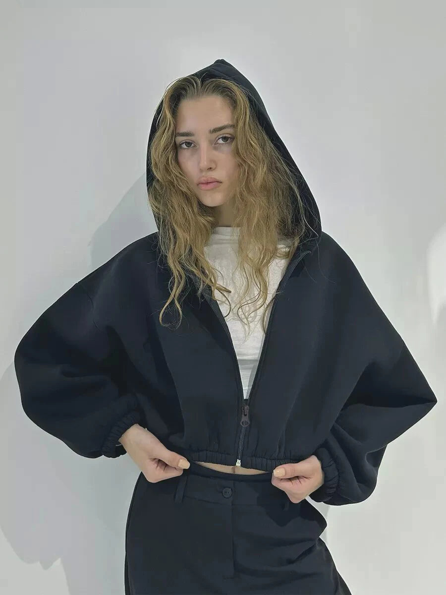 Fall Women's Fashion Zipper Hoodie Cropped Jacket