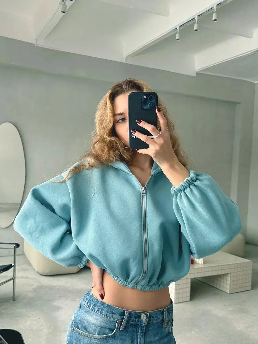 Fall Women's Fashion Zipper Hoodie Cropped Jacket