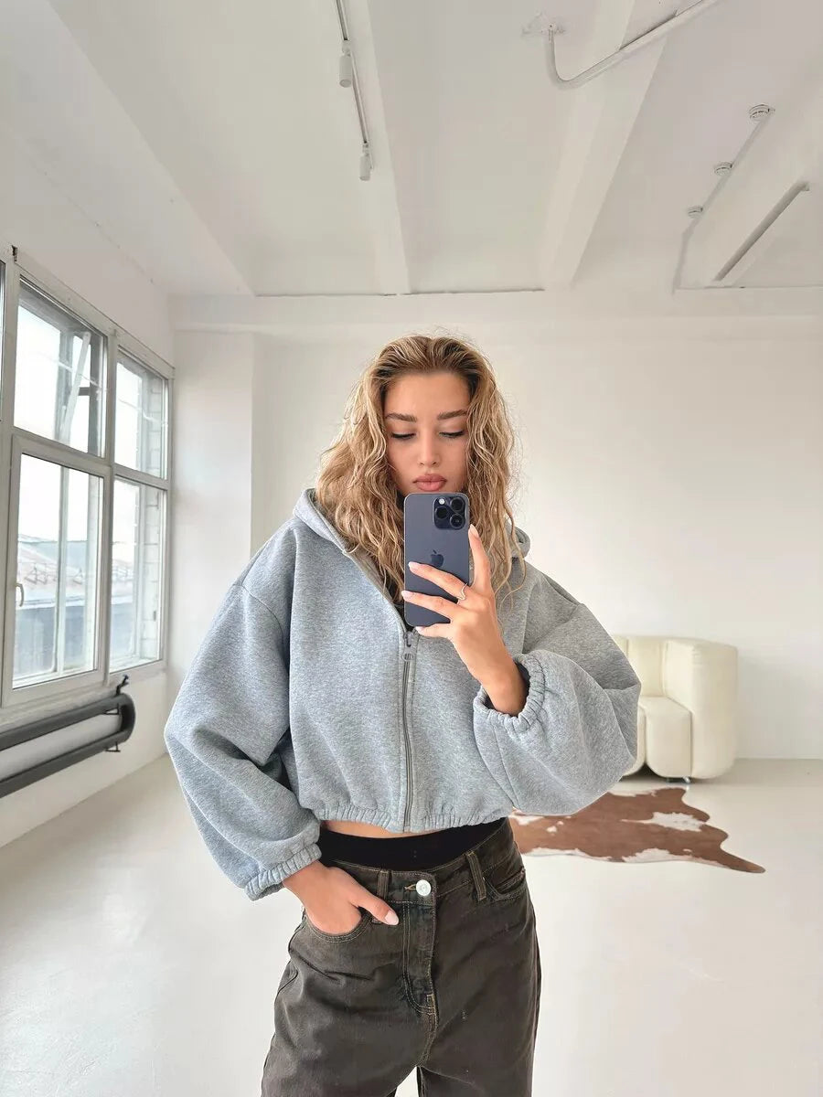 Fall Women's Fashion Zipper Hoodie Cropped Jacket