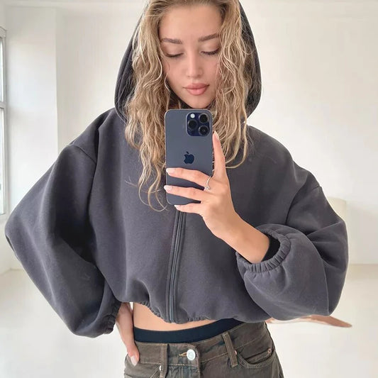 Fall Women's Fashion Zipper Hoodie Cropped Jacket